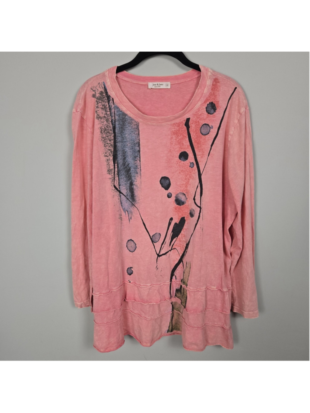 Jess & Jane Womens Artsy Mineral Wash Tunic Top 1X Pink Tiered Abstract Flowy